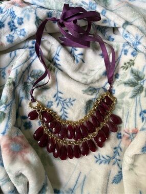 Gold Chain Statement Necklace with Deep Plum Teardrop Beads